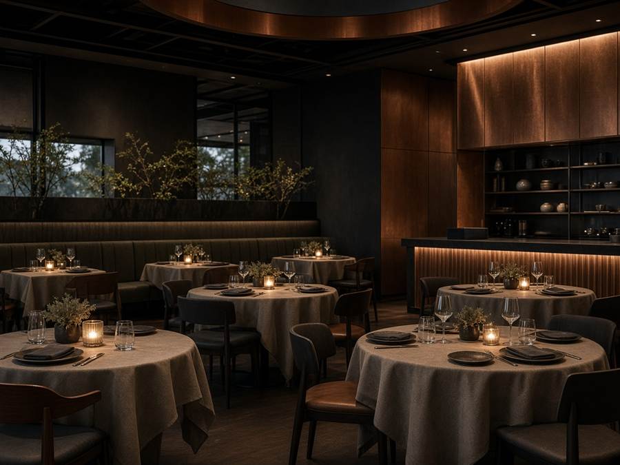 Warm dining room at GrillerooHere with set tables and soft evening light
