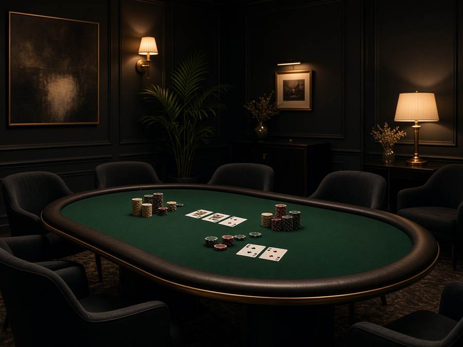 Elegant table games lounge with green felt and warm amber lamps