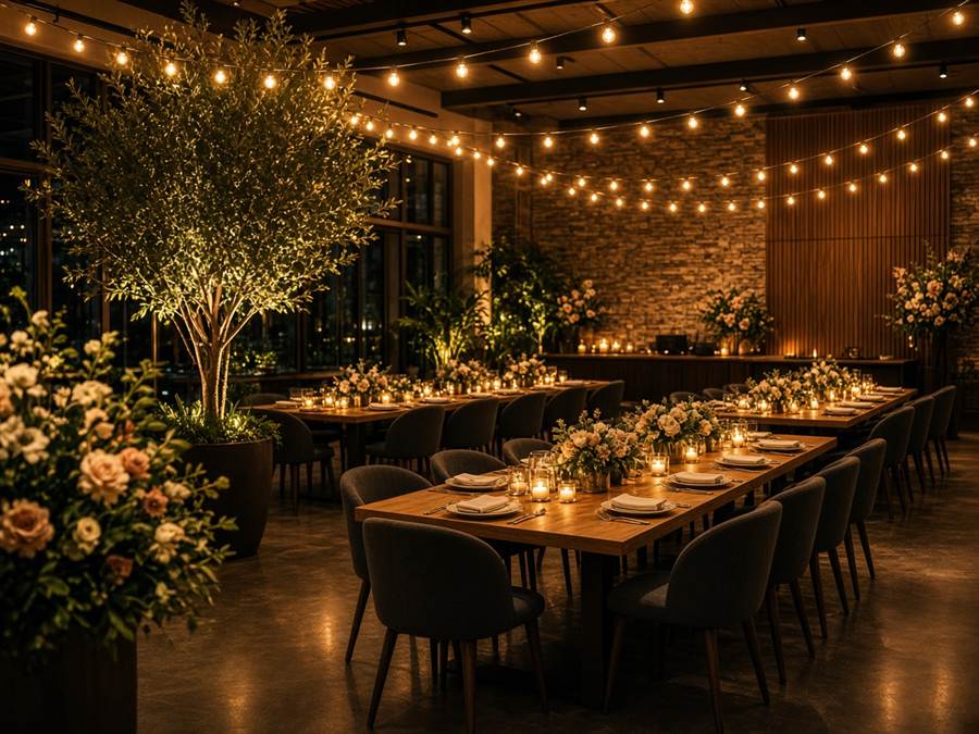 Evening venue setting prepared for dessert and coffee service