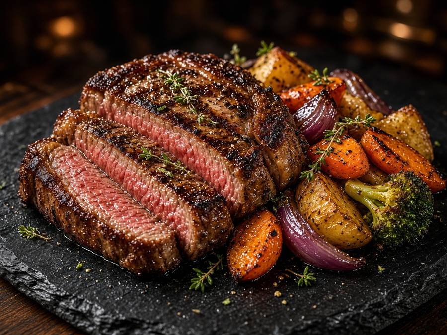 Grilled steak and roasted vegetables plated on dark slate
